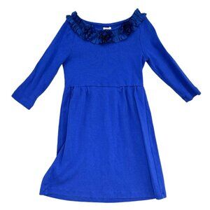 Crewcuts Dress Girls Blue 3/4 Sleeve Ruffle Trim Boat Neck Cotton Size 7